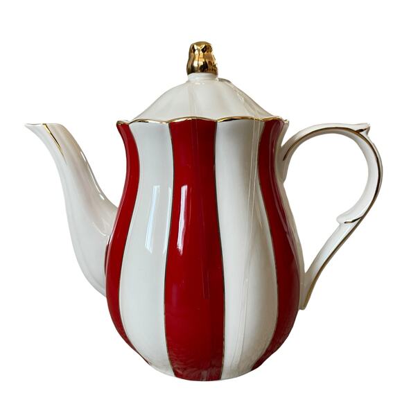 Grace Teaware Fine Porcelain Teapot Holiday Red White Gold Peppermint Stripe New - Picture 14 of 16
